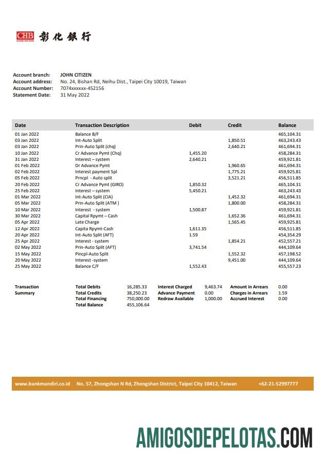 Taiwan Chang Hwa extrato bancário amostra